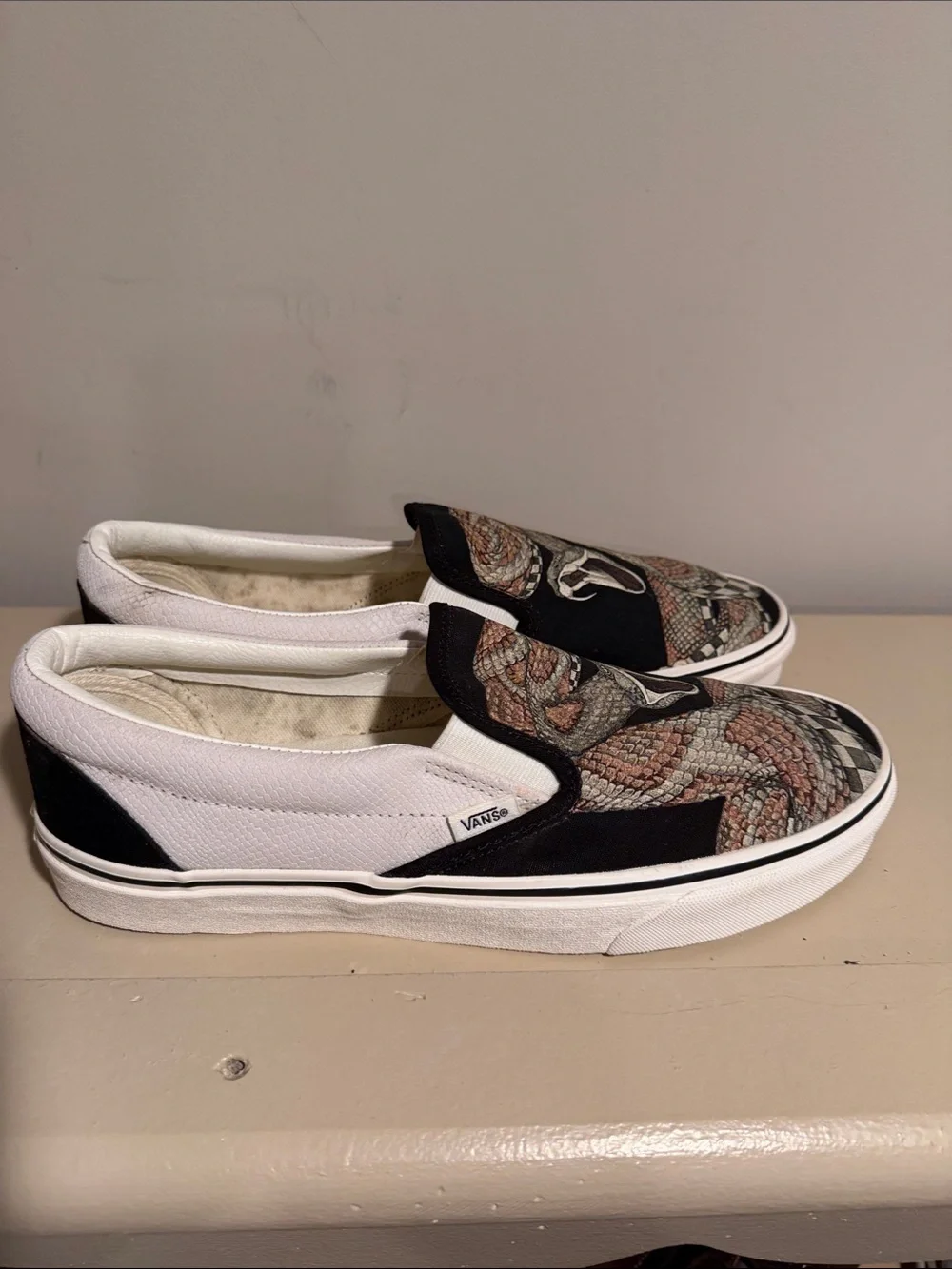 Vans Slip-On Loafers with Coiled Snake Graphic - Black, White, Brown